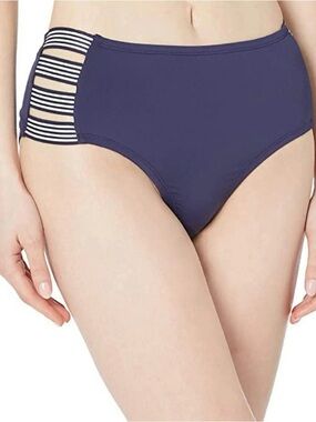 Nautica Navy High-Waist Bikini Bottom with Striped Side Detail